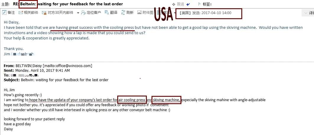 Gutes Feedback für Luftkühlpresse und Schälmaschine aus den USA