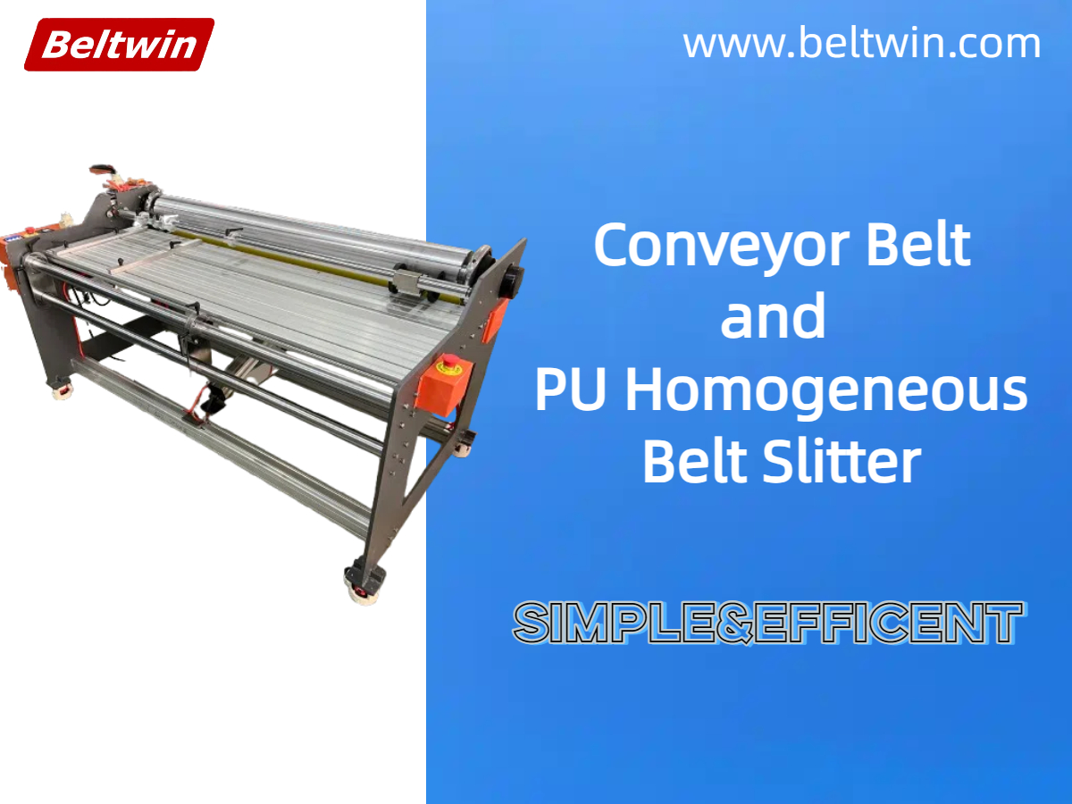Industrial conveyor belt and homogeneous PU belt slitter machine in a factory.